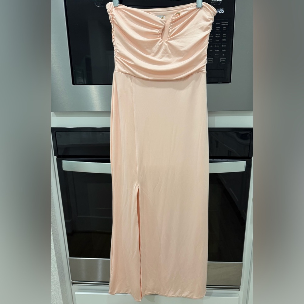 Oh Polly Strapless Thigh High Split Maxi Dress Blush - Picture 3 of 5
